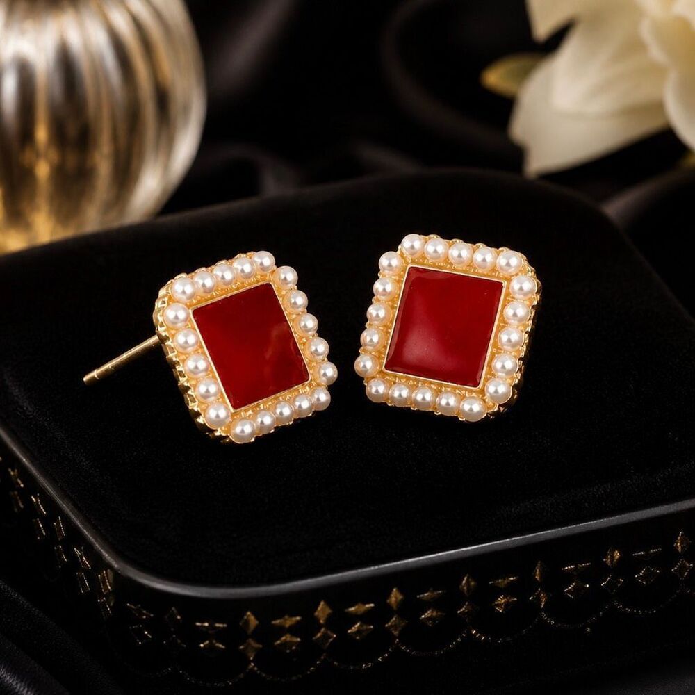 1950s French Style Ruby Red Square Earrings, Pearl Border